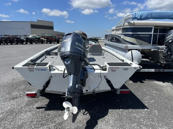Slide: The Image of 2022 G3 Sportsman 1610 boat with Yamaha 50 outboard motor, parked on a trailer. - 5