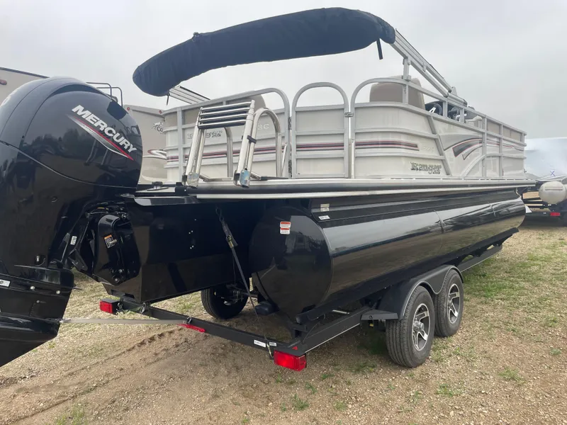 Slide: The Image of 2023 Ranger Reata 223C pontoon boat with Mercury outboard motor on trailer. - 2