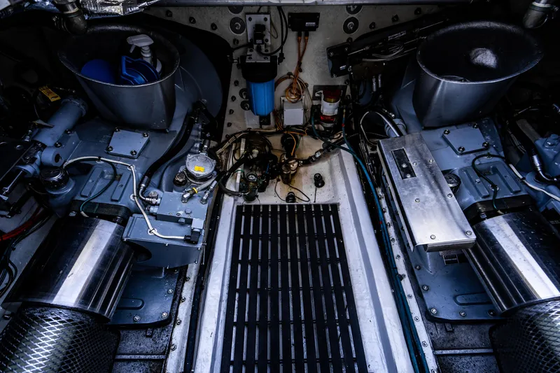 Slide: The Image of Engine room of 2007 Hinckley Talaria 55 FB yacht, showcasing mechanical components and equipment. - 41