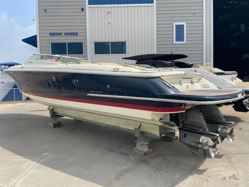 Slide: The Image of 2013 Chris-Craft Launch 32 boat on dry dock, side view. - 28