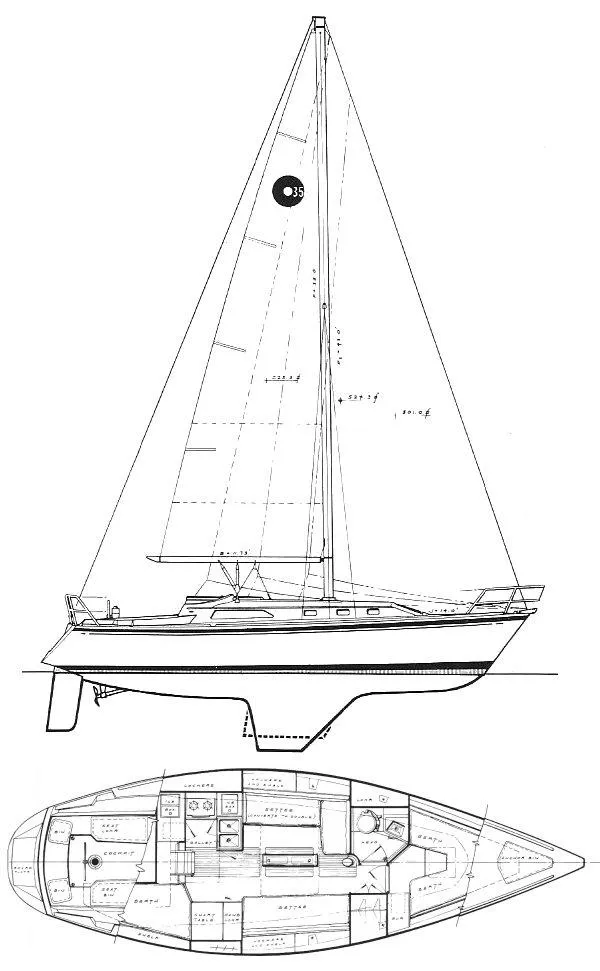 Slide: The Image of 1986 O'Day 35 sailboat blueprint, showcasing side and top views with detailed interior layout. - 16