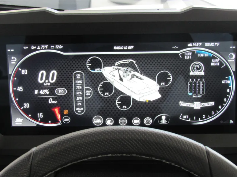 Slide: The Image of 2024 Malibu Wakesetter 23 MXZ dashboard display with boat controls and settings. - 13