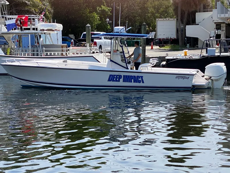 The Image of Intrepid 322 Cuddy 1995 boat named "Deep Impact" docked in a marina. - 0