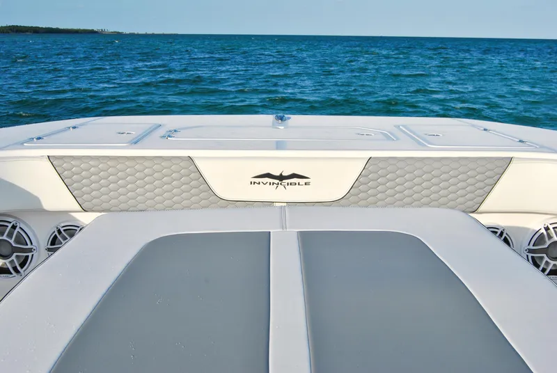 Slide: The Image of Invincible 40 Catamaran 2020 model on open water, rear deck view. - 20