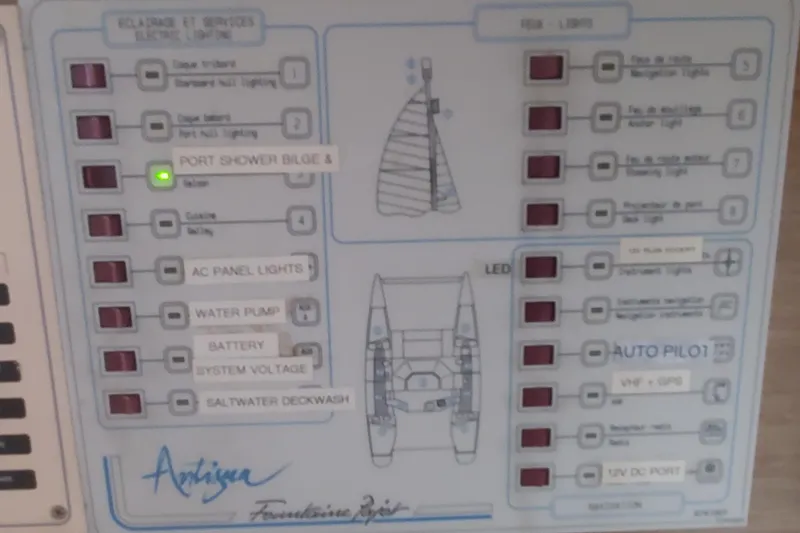 Slide: The Image of Control panel of a 1992 Fountaine Pajot Antigua 37 catamaran. - 47