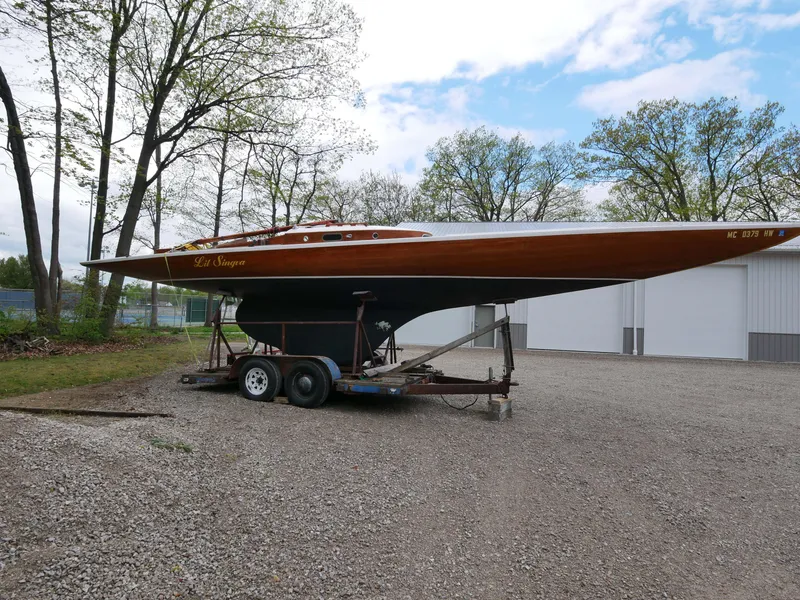 Slide: The Image of 1935 Custom 44' 30-Square Meter Sailing Yacht on trailer in outdoor storage. - 2