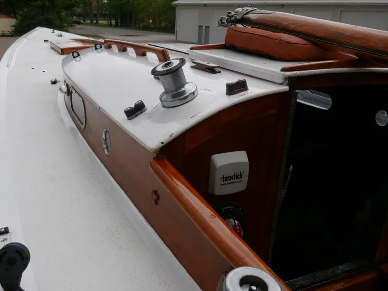 Slide: The Image of 1935 Custom 44' 30-Square Meter Sailing Yacht deck with winch and wooden cabin. - 26