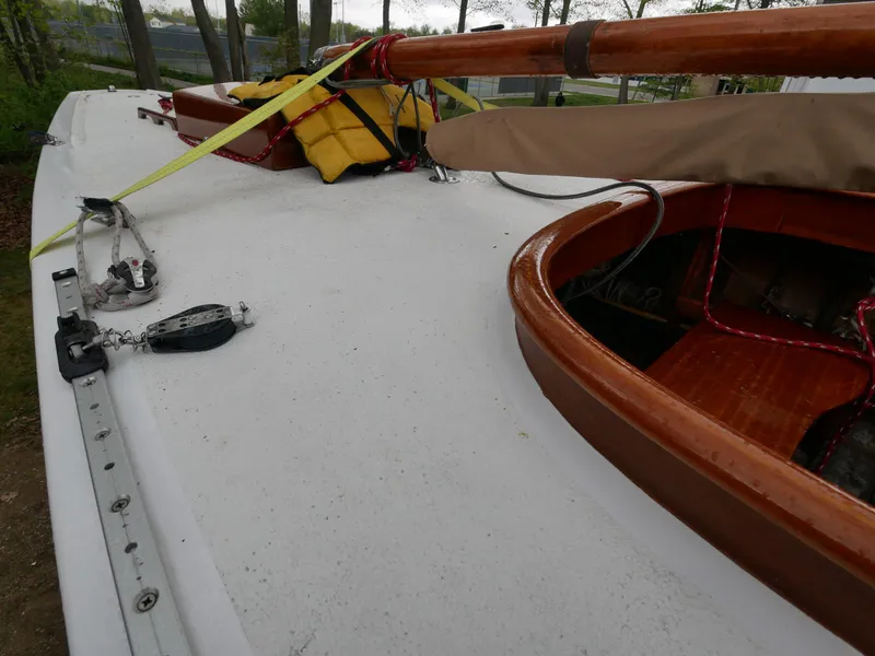 Slide: The Image of 1935 Custom 44' 30-Square Meter Sailing Yacht deck with wooden details and rigging. - 28