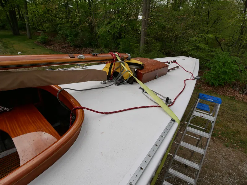 Slide: The Image of 1935 Custom 44' 30-Square Meter Sailing Yacht deck with rigging and wooden details. - 33