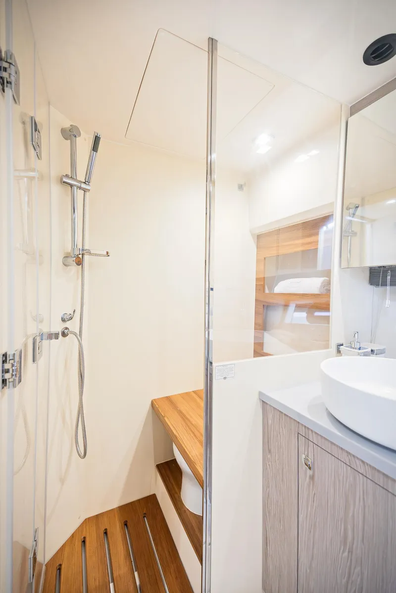 Slide: The Image of Luxurious bathroom in 2024 Sessa Marine Fly 48 yacht with modern fixtures. - 9