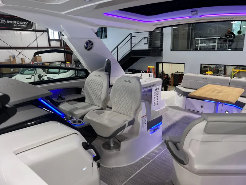 Slide: The Image of 2024 Sea Ray SLX 400 interior with luxurious seating and modern design. - 44