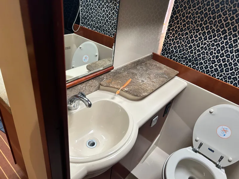 Slide: The Image of 2009 Cruisers 390 Sportcoupe bathroom with sink, toilet, and leopard print wall. - 26