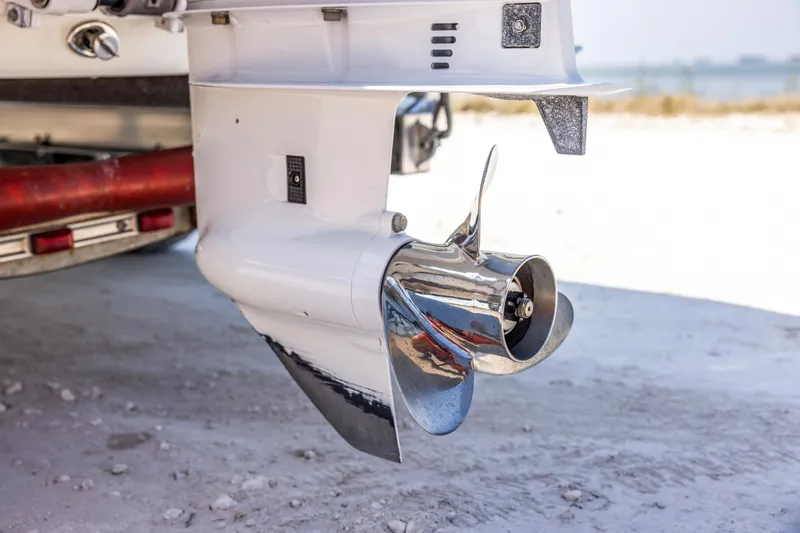 Slide: The Image of Close-up of a 2008 Hell's Bay Waterman 16 boat propeller on a trailer. - 10