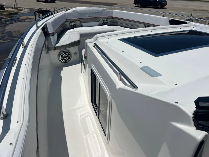 Slide: The Image of Control panel of a 2017 Formula 430 Super Sport Crossover with multiple screens and steering wheel. - 17