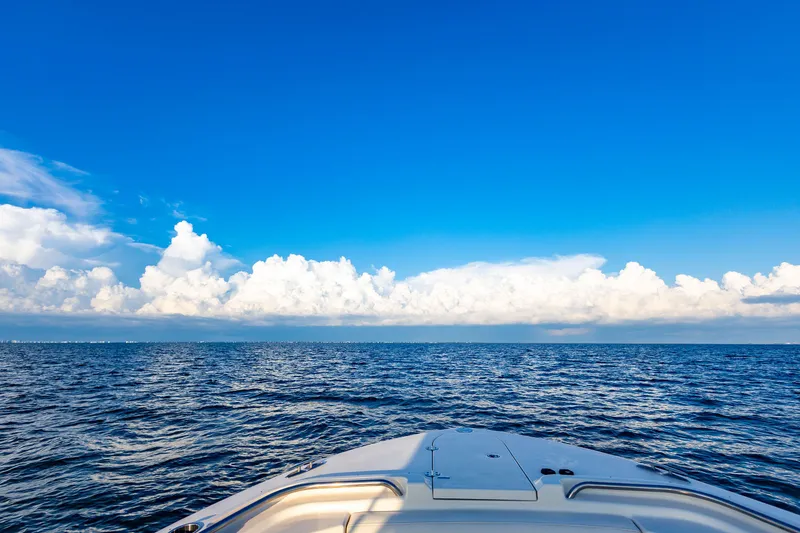 Slide: The Image of Bow of 2018 Grady-White Freedom 335 boat on open sea under clear blue sky. - 10