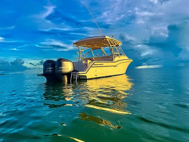 Slide: The Image of 2018 Grady-White Freedom 335 boat on calm water at sunset. - 2