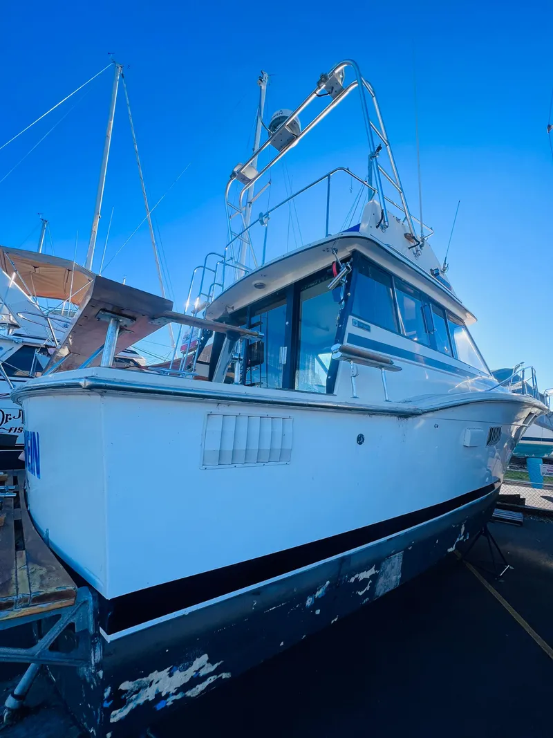 The Image of 1976 Trojan F 32 boat on dry dock under clear blue sky. - 0
