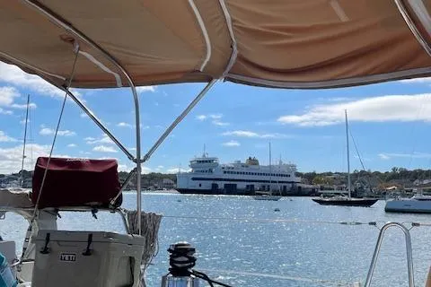 Slide: The Image of Sailboat view of harbor with ferry, Beneteau 423, 2005 model, sunny day. - 14