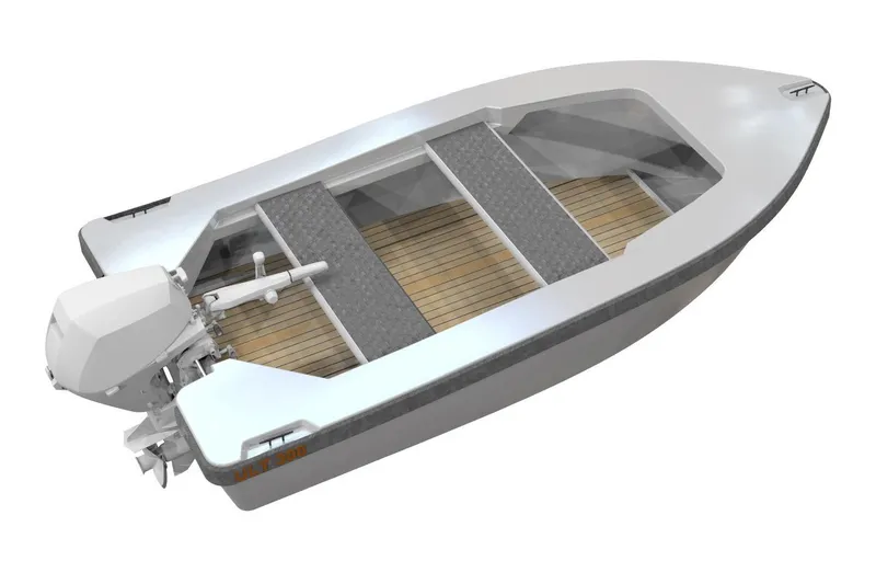 Slide: The Image of 2024 Ultra Lite Tenders ULT 300 boat with outboard motor and wooden deck. - 24