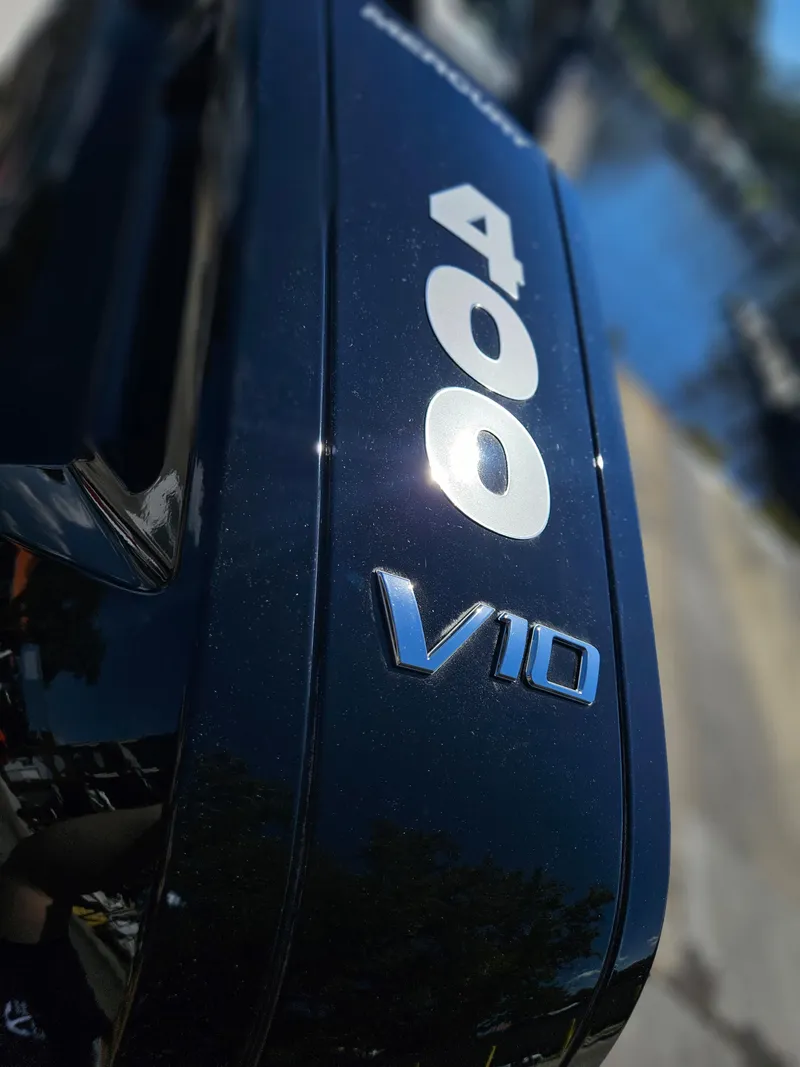 Slide: The Image of Close-up of 2025 Monterey 275SS V10 engine with 400 label. - 2