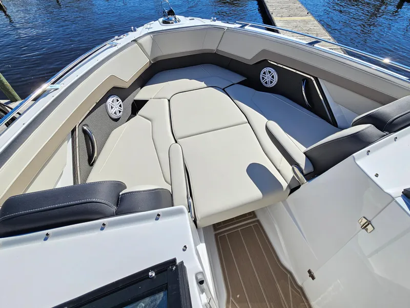 Slide: The Image of 2025 Monterey 275SS boat interior with luxurious seating and modern design. - 24
