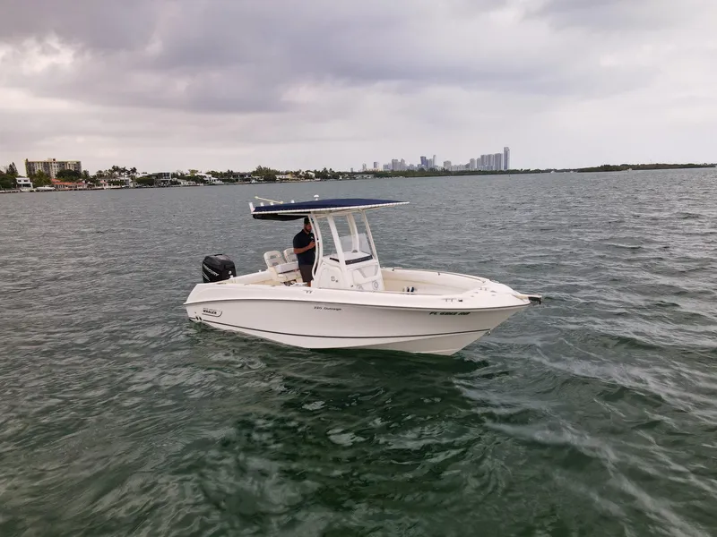 Slide: The Image of 2015 Boston Whaler 220 Outrage boat on open water with city skyline in background. - 3