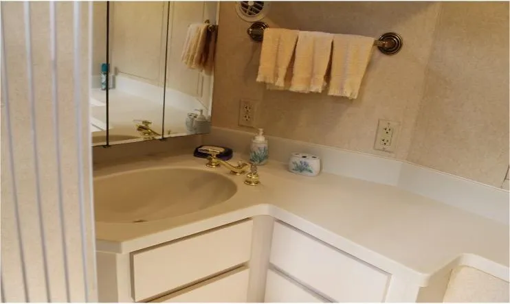 Slide: The Image of Bathroom sink area in a 1995 Pluckebaum Coastal Cruiser with towels and toiletries. - 30