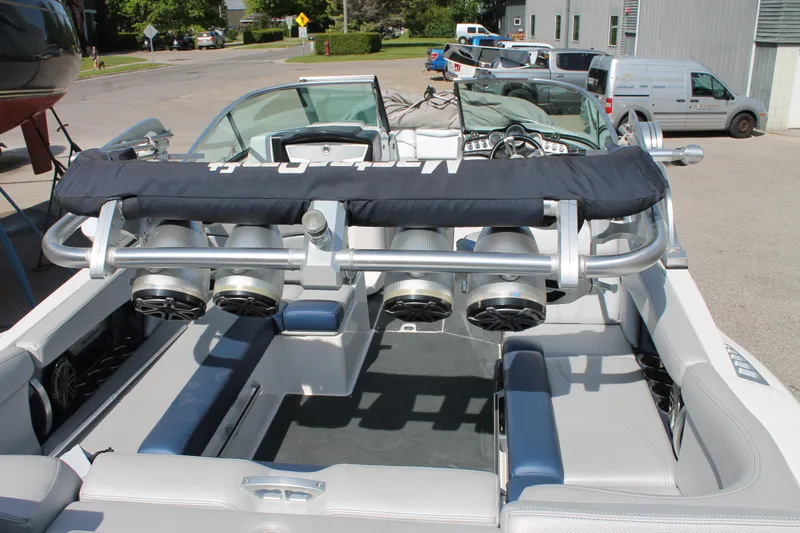 Slide: The Image of 2016 MasterCraft X26 boat interior with wakeboard tower and speakers. - 18