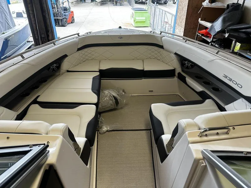 Slide: The Image of Luxurious interior of 2025 Regal 3300 boat with spacious seating and modern design. - 19