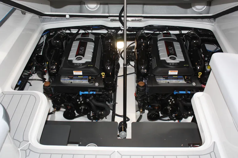 Slide: The Image of Engine compartment of 2027 Formula 330 Crossover Bowrider I/O with dual 6.2-liter engines. - 62