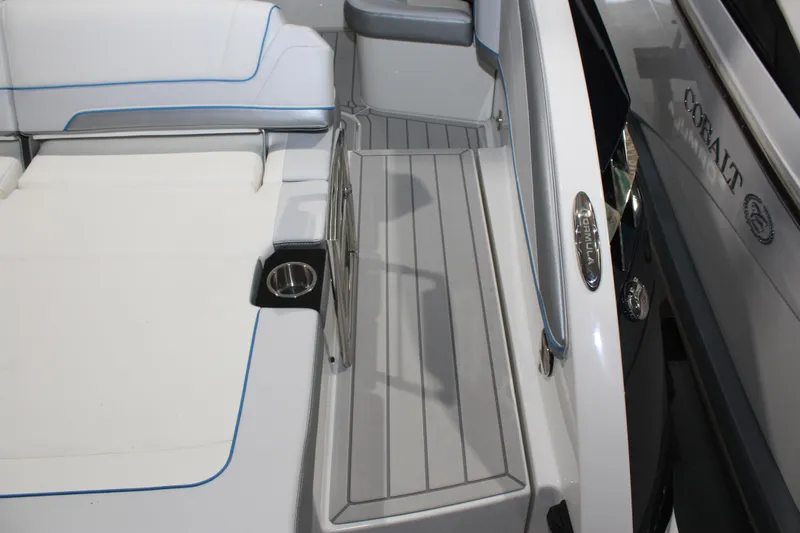 Slide: The Image of 2027 Formula 330 Crossover Bowrider I/O interior with sleek seating and cup holder. - 15