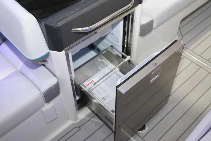 Slide: The Image of Open drawer in 2027 Formula 330 Crossover Bowrider I/O boat interior. - 24