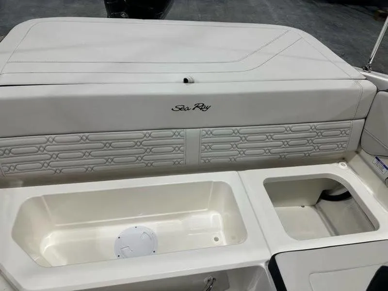 Slide: The Image of 2025 Sea Ray SPX 190 OB boat interior with storage compartments and elegant design. - 17