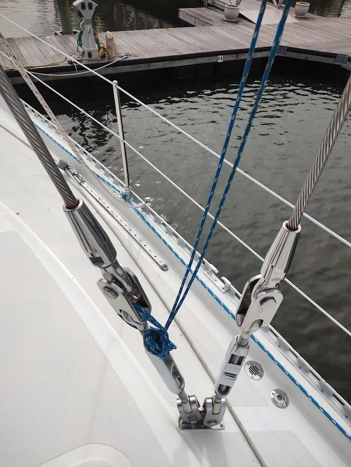 Slide: The Image of Close-up of 2005 Stevens Custom 53/56 yacht rigging and deck details at a marina. - 19