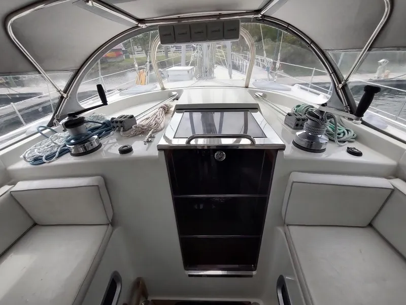 Slide: The Image of Cockpit of 2005 Stevens Custom 53/56 yacht with ropes and winches. - 34