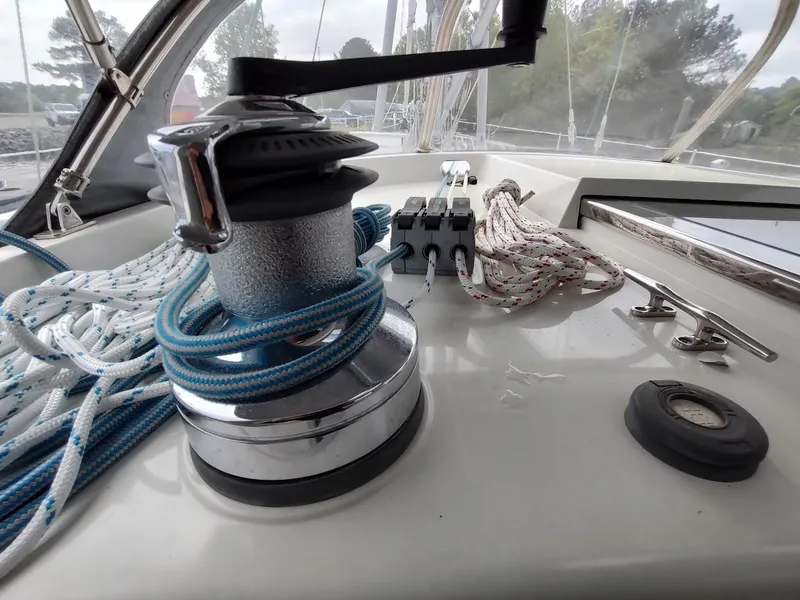 Slide: The Image of Sailboat deck with winch and ropes on a 2005 Stevens Custom 53/56. - 38