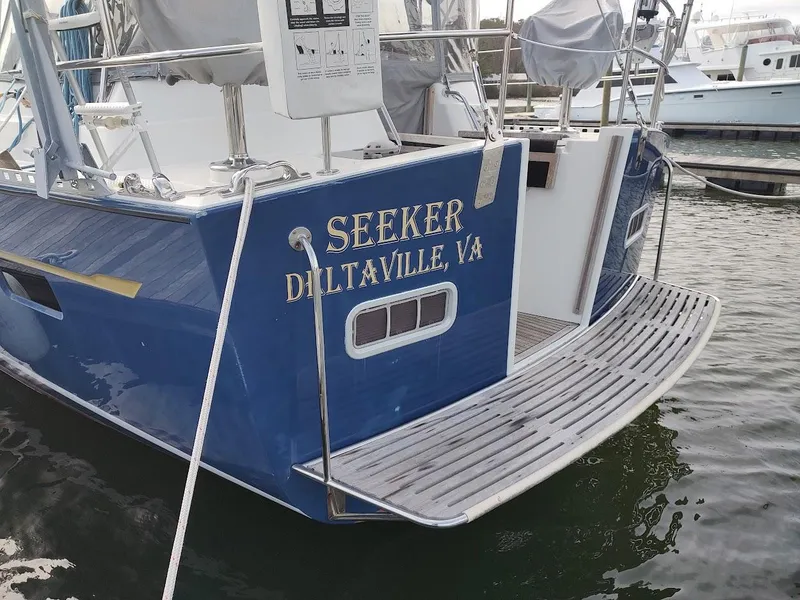 Slide: The Image of Blue Stevens Custom 53/56 yacht named "Seeker" docked in Deltaville, VA, 2005 model. - 4