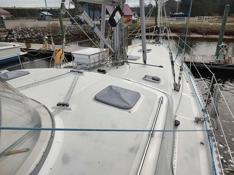 Slide: The Image of Sailboat deck of 2005 Stevens Custom 53/56, docked at a marina. - 5