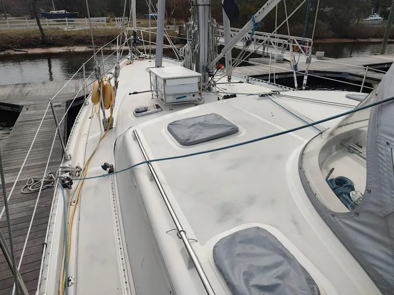 Slide: The Image of Sailboat deck of 2005 Stevens Custom 53/56 docked at marina. - 6