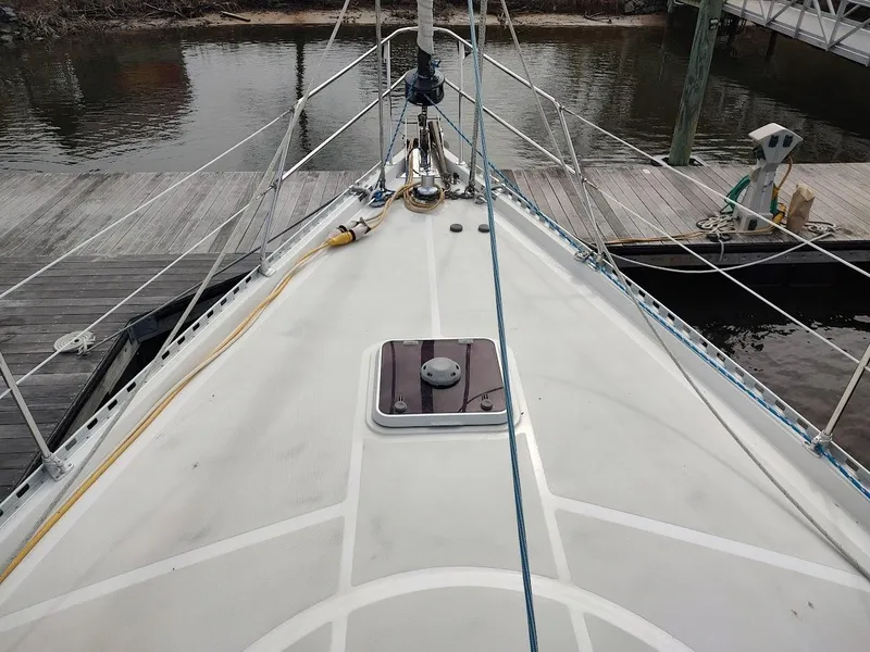 Slide: The Image of Bow view of 2005 Stevens Custom 53/56 sailboat docked at marina. - 7