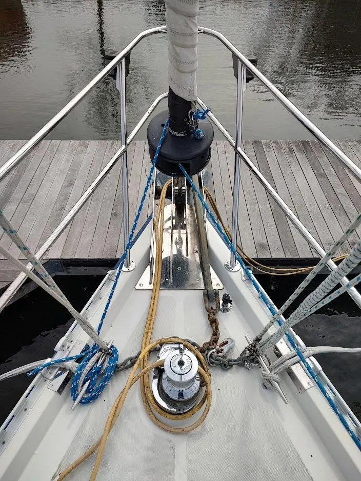 Slide: The Image of Bow of a 2005 Stevens Custom 53/56 sailboat with ropes and winch. - 8