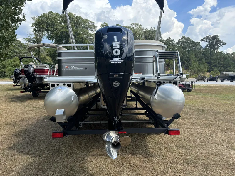 Slide: The Image of 2024 Sun Tracker Party Barge 22 RF DLX pontoon boat with powerful outboard motor. - 4