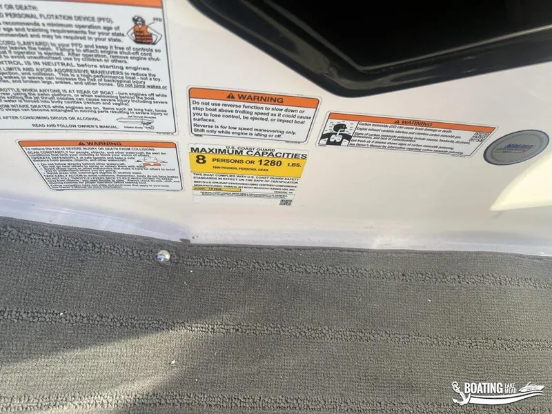 Slide: The Image of Yamaha AR190 2025 boat capacity warning labels, maximum 8 persons or 1280 lbs. - 8