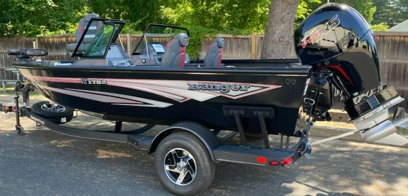 Slide: The Image of 2024 Ranger VS1782SC Reata fishing boat on trailer, black with red accents. - 2