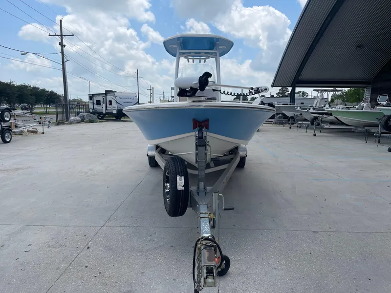 Slide: The Image of 2019 Tidewater 2410 Bay Max boat on trailer, front view, in outdoor storage area. - 7