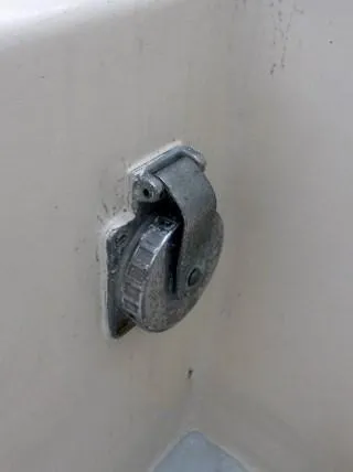 Slide: The Image of Close-up of a metal fitting on a 1961 Rhodes Swiftsure boat. - 40