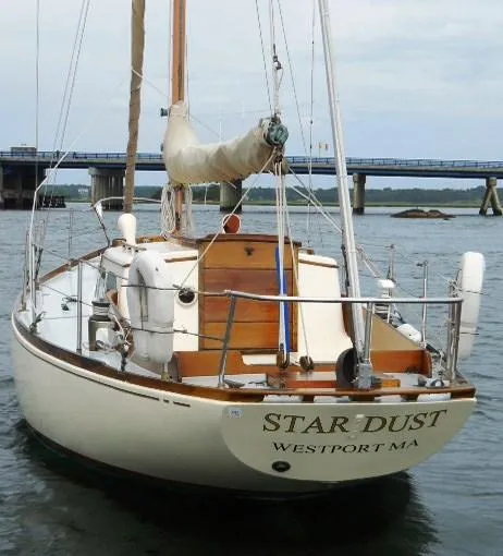 Slide: The Image of 1961 Rhodes Swiftsure sailboat "Star Dust" on water near a bridge, Westport, MA. - 6