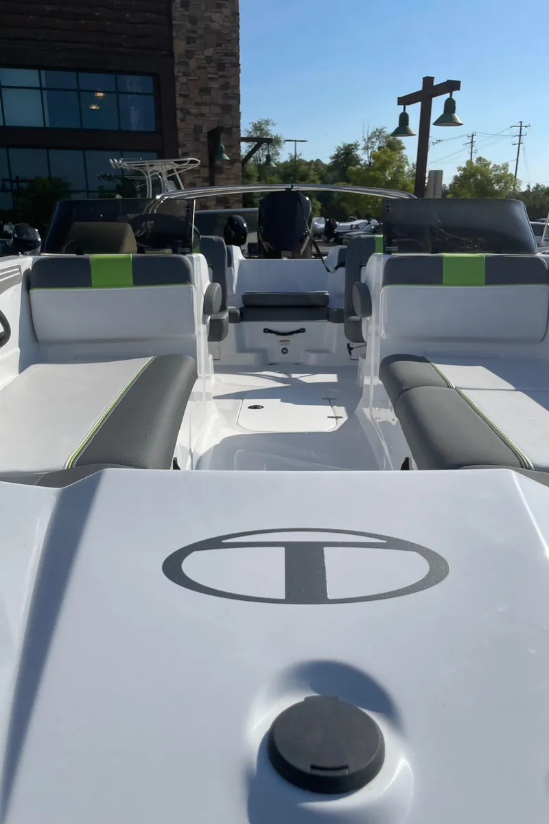 Slide: The Image of 2024 Tahoe T21 boat interior with modern seating and sleek design. - 2