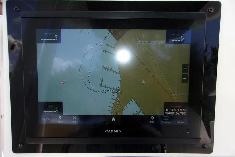 Slide: The Image of Garmin navigation screen on 2022 Key West 239FS boat displaying a marine map. - 9