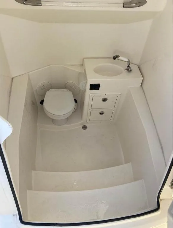 Slide: The Image of 2019 Cobia 301CC boat interior with toilet and sink - 11
